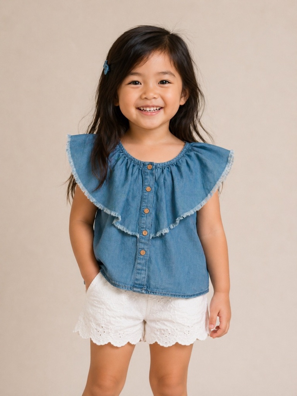 Art & Class Chambray Ruffle Button Up Blue Denim Girl Top 4T